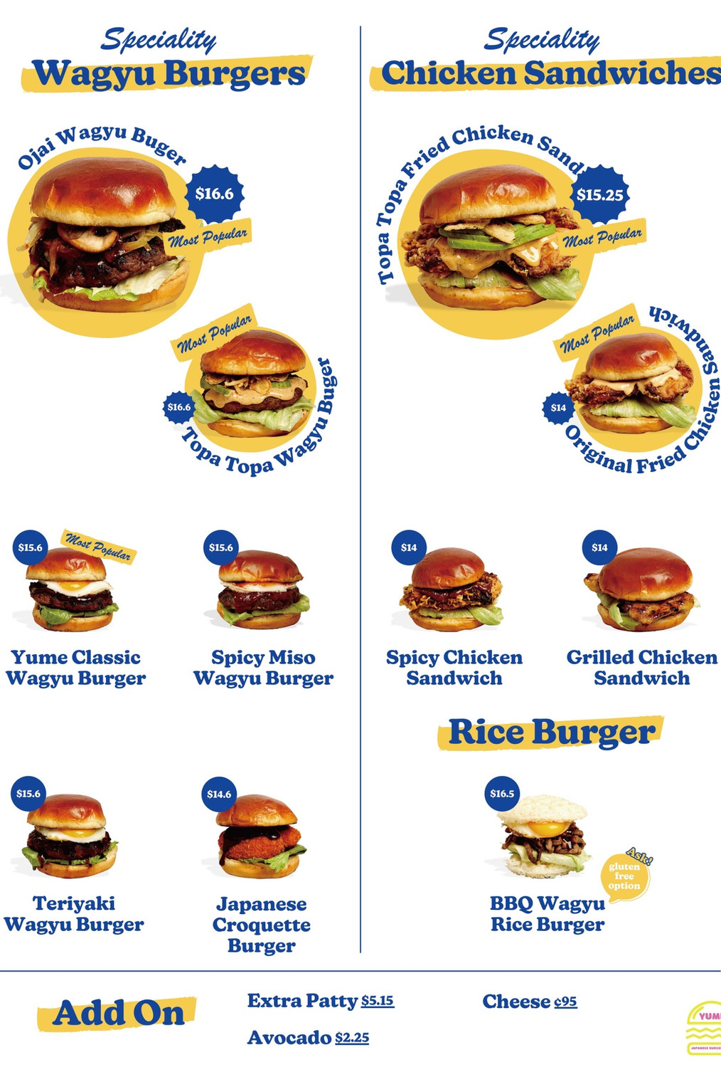 Speciality Wagyu Burgers and Chicken Sandwiches